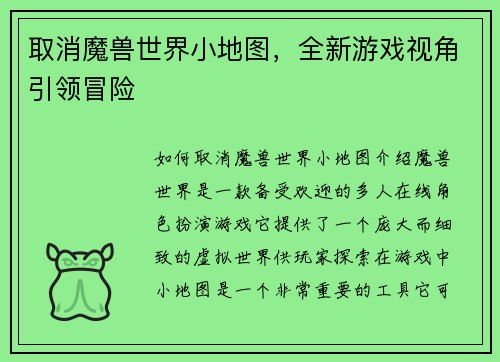 取消魔兽世界小地图，全新游戏视角引领冒险