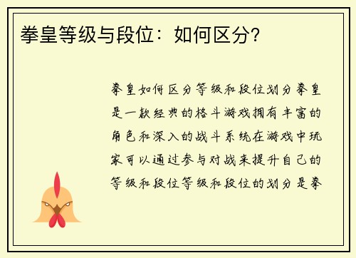 拳皇等级与段位：如何区分？