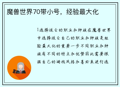 魔兽世界70带小号，经验最大化