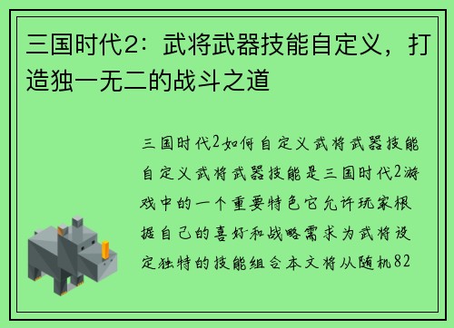 三国时代2：武将武器技能自定义，打造独一无二的战斗之道