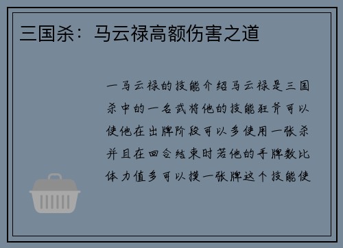 三国杀：马云禄高额伤害之道